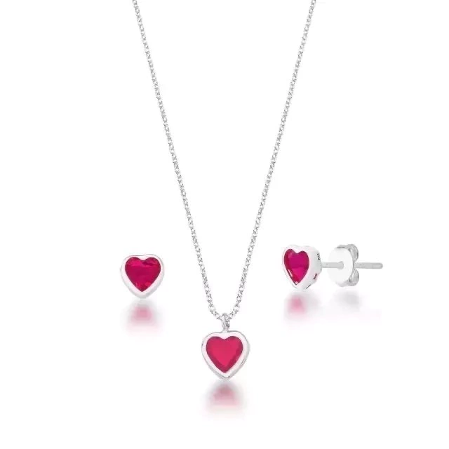 Conjunto Ponto de Luz Coração Pink de Prata