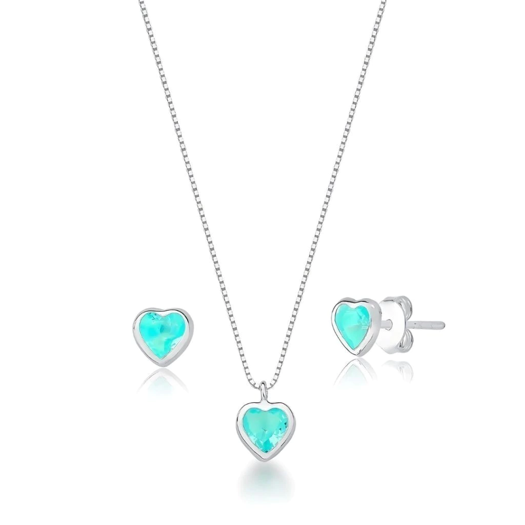 Conjunto Ponto de Luz Coração Turmalina de Prata