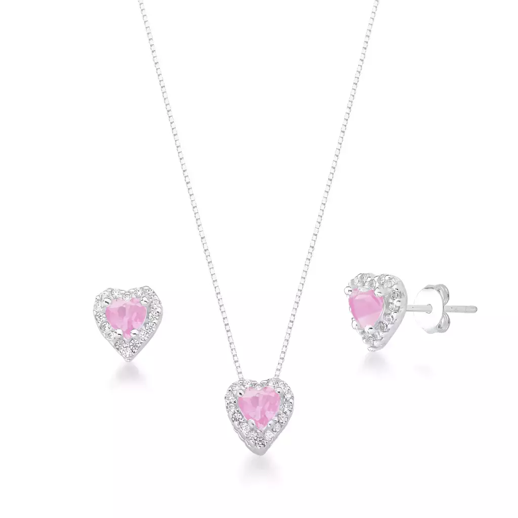 Conjunto Coração Cravejado Rosa