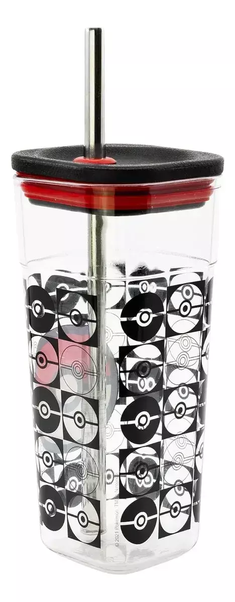 Vaso Pokemon Acrilico 540 Ml Con Pajita De Acero Inoxidable Color Negro - comprar online