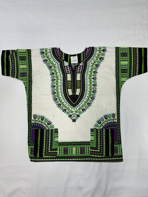 Dashiki en color blanco con diseño tradicional Africano verde con negro y morado - comprar en línea