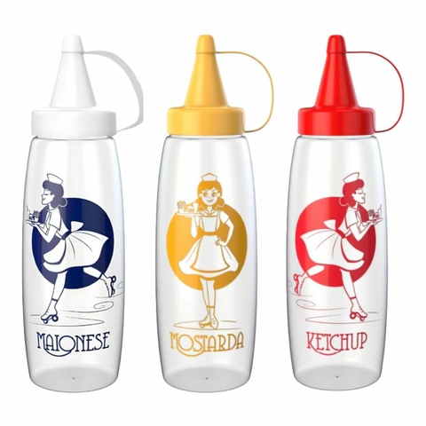 KIT Conjunto 3 Bisnagas Flexiveis para Ketchup, Mostarda e Maionese grandes 350 ml