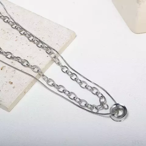 Colar de Pingentes Dupla Camada- , Aço Inoxidável - Banho 18k