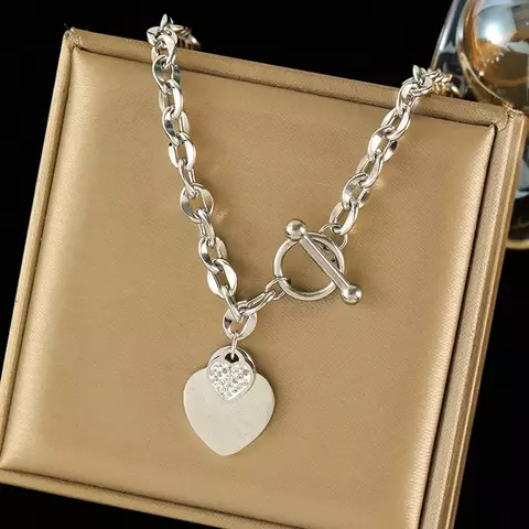 Colar Coração Pedra - Aço Inoxidável - Banho PVD Platina