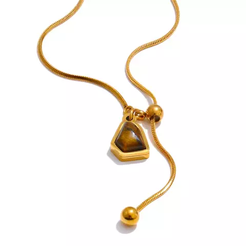 Colar Pedra de Tigre - Aço Inoxidável - Banho PVD Gold