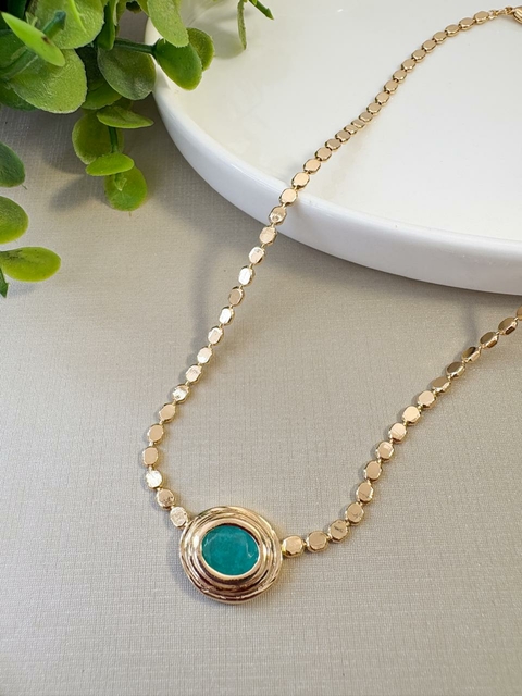 Colar Choker Bolinhas Achatadas com Pedra Oval Camadas Turmalina Colombiana Banhado a Ouro 18k