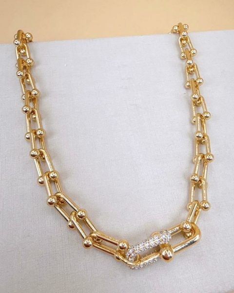 Colar Corrente Elos com Cravejado Inspiração Banhado a Ouro 18k