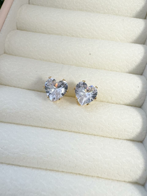 Brinco de Pino Coração em Zircônia Cristal Folheado a Ouro 18k
