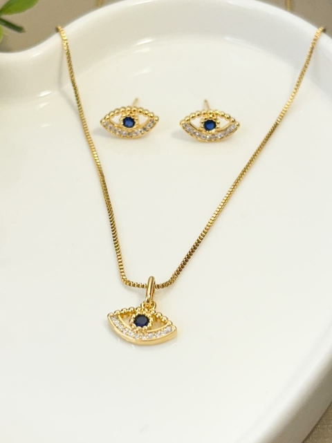 Conjunto Corrente Veneziana e Brinco Olho Grego Cravejado Banhado a Ouro 18k