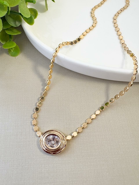 Colar Choker Bolinhas Achatadas com Pedra Oval Camadas Cristal Banhado a Ouro 18k