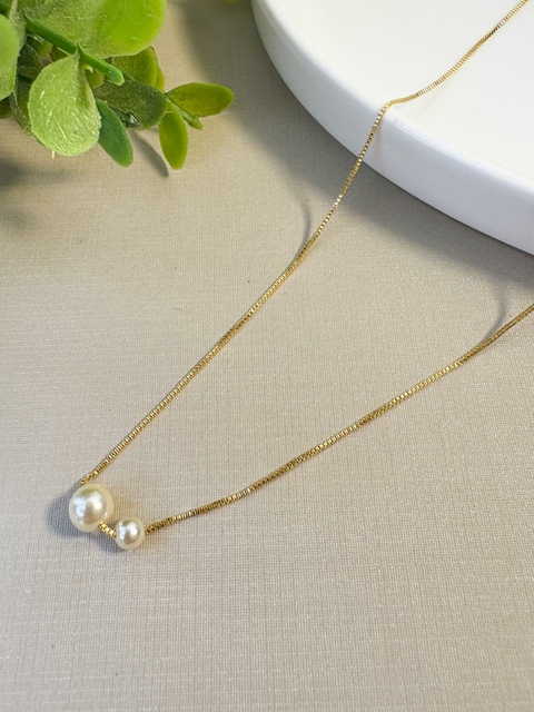 Colar Corrente Veneziana Duas Pérolas Banhado a Ouro 18k