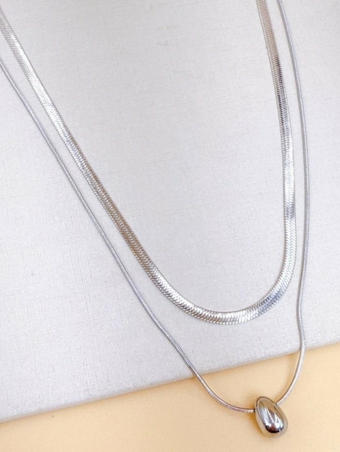 Colar Duplo com Corrente Fita e Rabo de Rato e Pingente Gota no Aço