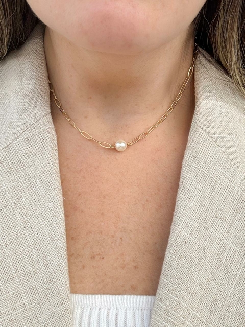 Colar Choker Elos com Pérola Central Banhado a Ouro 18k