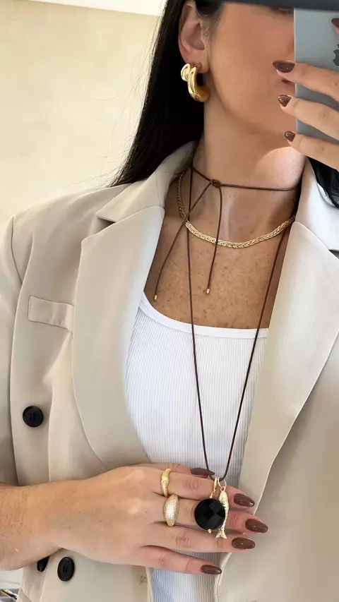 Colar Fio Encerado Fino Preto Banhado a Ouro 18k