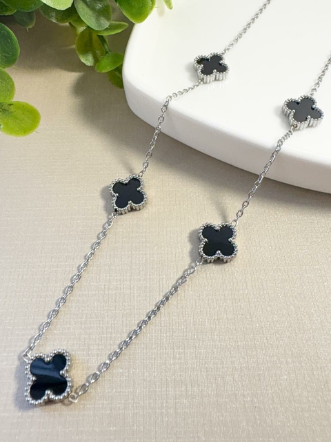 Colar 5 Trevos Preto no Aço
