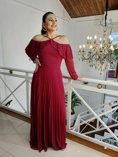 Vestido longo, plissado, marsala