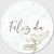 Sticker redondo con el texto "Feliz día" y una ilustración de una flor sobre un fondo blanco marmolado.