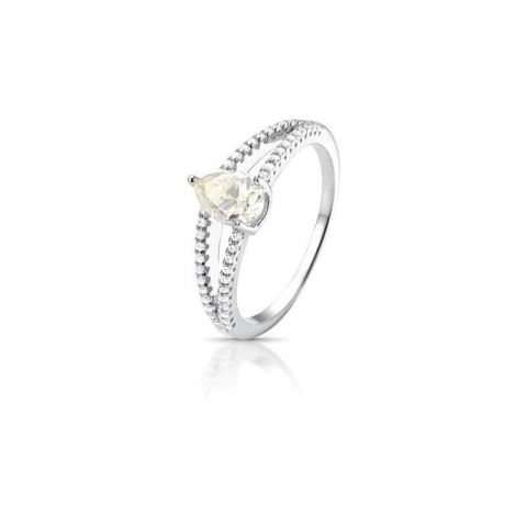 Anel Duas Voltas com Pedra em Gota Moissanite 7.5 mm Branca Prata com Banho em Ródio e Zirconias