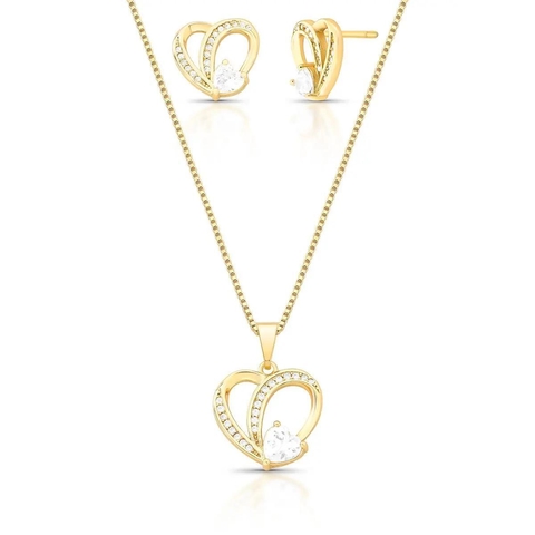 CONJUNTO BRINCO E COLAR DE CORAÇÃO COM CRISTAL E ZIRCÔNIAS BANHADO A OURO - GARRIDO SEMIJOIAS