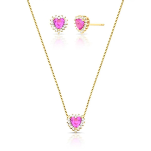 Conjunto Brinco e Colar Coração com Cristal Sintético Fusion e Zircônias Banho em Ouro – GARRIDO SEMIJOIAS