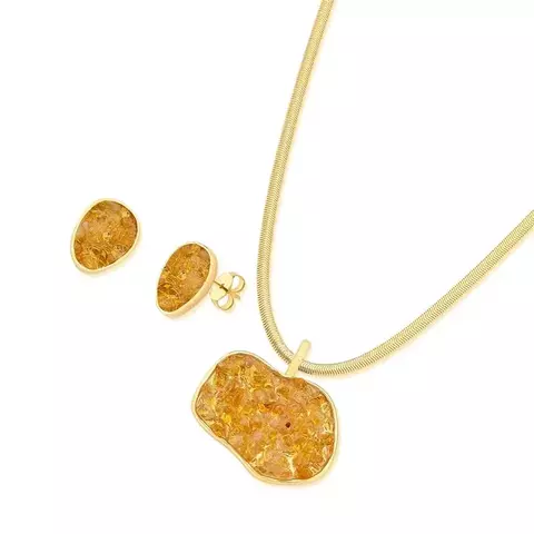 Conjunto Folheado a Ouro Linha Fragmentos Orgânico Pedra Citrino