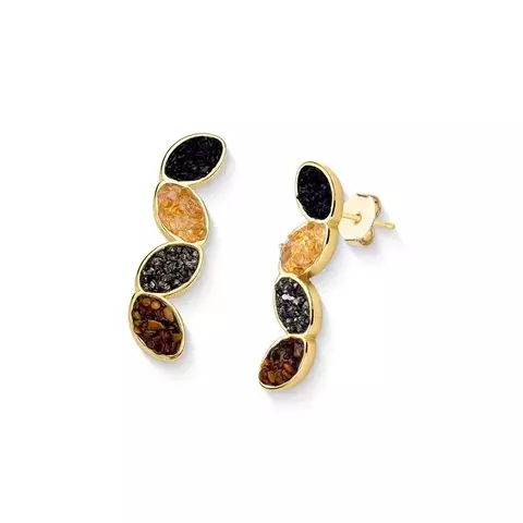 Brinco Folheado a Ouro 4 Pedras Naturais Olho de Tigre/Pirita/Citrino/Turmalina Negra 