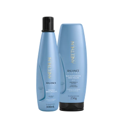 Kit Balance System da Aneethun com shampoo e balm azul para controle de oleosidade com chá verde e argila branca Controla a oleosidade enquanto limpa e purifica o couro cabeludo, nutrindo as áreas sensibilizadas e as pontas secas