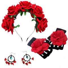 Kit Fantasia Caveira Mexicana Vermelho Brinco Tiara Luvas