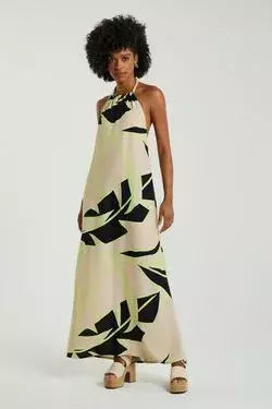 VESTIDO ESTAMPADO - EST FLORAL TROP AMENDOA