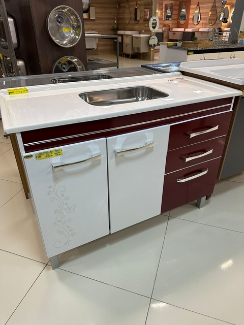Armário de Cozinha Magnus 1,14m Floral Branco com Bordô + Pia Inox 1,20m Cinza Real - comprar online