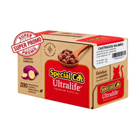 SACHÊ SPECIAL CAT ULTRALIFE GATOS CASTRADOS SALMÃO 85 G CAIXA COM 12 UNIDADES