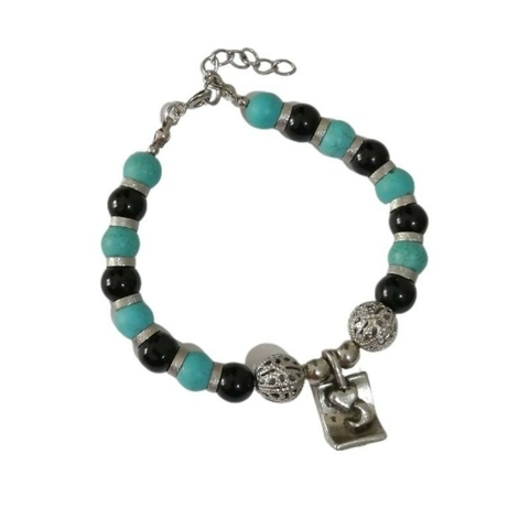 Pulseira Artesanal Verde Preto Pingente Coração Lua