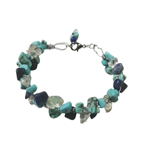 Pulseira Artesanal Trançada Pedra Cascalho Verde Azul