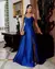 Vestido Festa Longo Busto em Camadas com Alcinha e Fenda Azul Royal