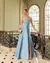 Vestido Festa Longo Evazê Tomara que Caia com Laço na Cintura Azul Serenity na internet