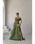 Vestido Festa Longo Ombro Duplo com Fenda e Decote em Camadas Verde Oliva