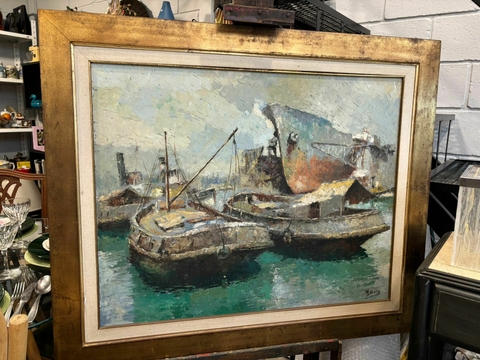 Pintura Original de M. De Vita - Escena Portuaria en Óleo sobre Lienzo