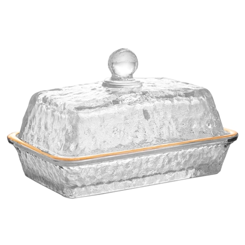 Manteigueira de Cristal Martelado com Tampa e Fio de Ouro Petra 17cm Lyor