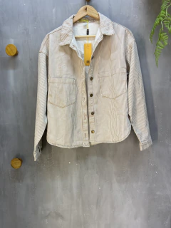 Camisa Over Com Listras Gola e Bolsos Frontais - Jeans - vendbyflora
