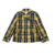 Mini trench curto xadrez impermeável nas cores amarelo e azul marinho, com detalhes em botões e bolsos.