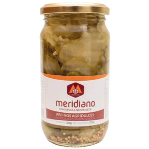 PEPINOS AGRIDULCES CONDIMENTADOS EN RODAJAS FRASCO 330/200gr MERIDIANO