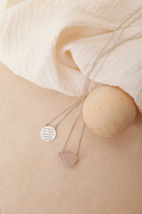 Escapulário Anjo da Guarda e Quartzo Rosa - Joia em Ouro 18k