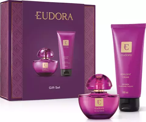 Kit presente Dia das Mães com miniatura de Eau de Parfum de 35ml e loção desodorante hidratante corporal de 100ml, embalagem roxa.