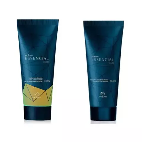 Kit de produtos Natura Essencial OUD com sabonete líquido e desodorante hidratante, ambos em tubos de 100ml.