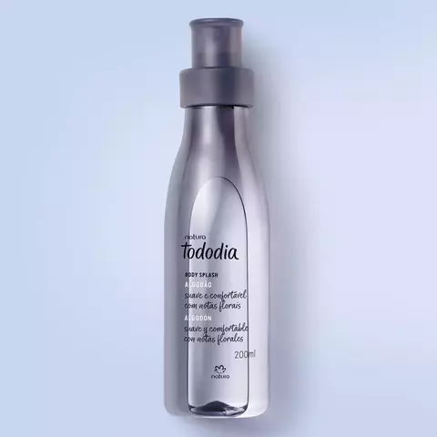 Frasco de Body Splash Tododia da Natura com rótulo que destaca a fragrância de algodão.