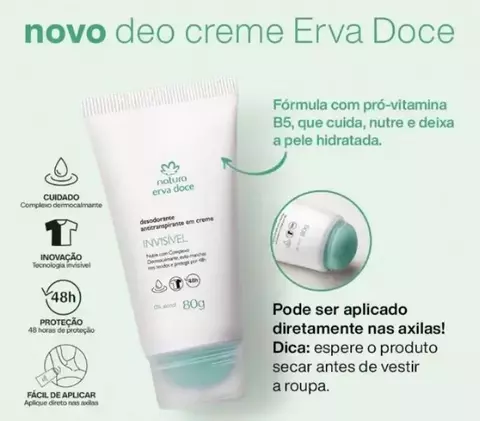 Embalagem do antitranspirante em creme Natura Erva Doce de 80g, destacando suas características e benefícios.