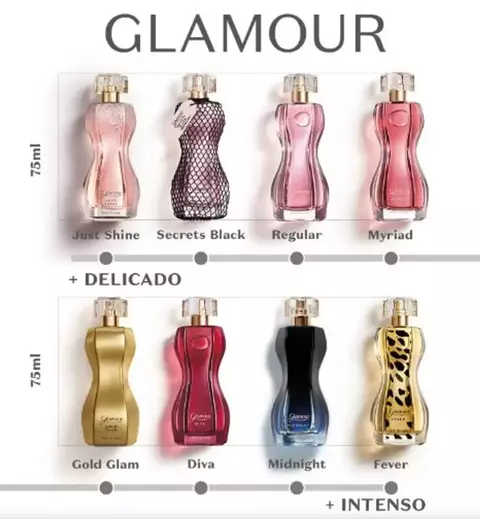 Imagem dos frascos da colônia Glamour em diversas variedades de 75ml, mostrando opções delicadas e intensas.