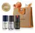 Kit de desodorantes spray Natura Homem com as fragrâncias Original, Essência e Cor Agio, acompanhado de uma bolsa de presente em edição limitada.