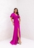 Vestido de festa longo manga curta com drapeado e fenda frontal - Fucsia