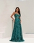 Vestido de festa longo alça, com corselete e transparência - Verde Petroleo